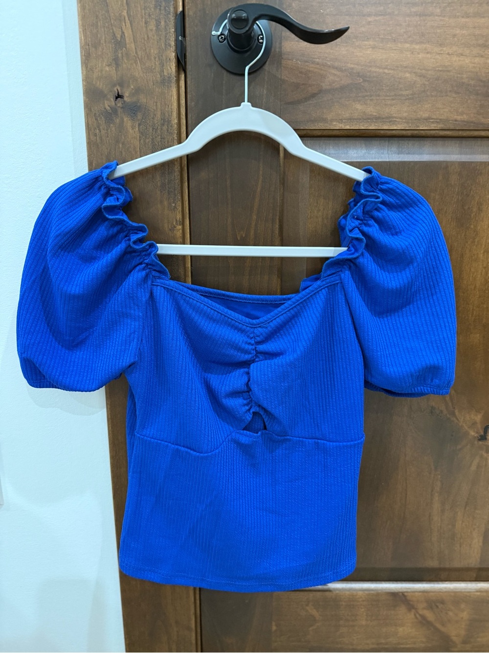 Women’s Blue Puff-Sleeve Ruched Blouse